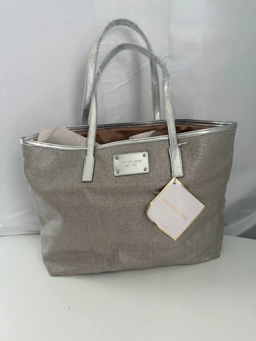 Michael Kors Metallic Silver Tote with Textured Body